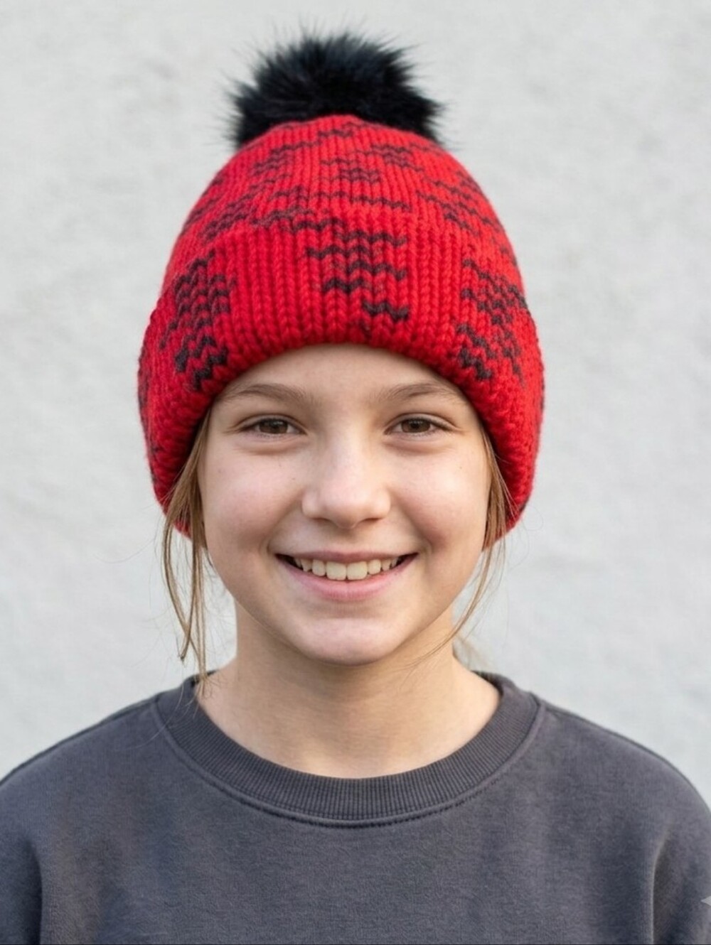 Cozy Toddler/Kid Red & Black Knitted Scrunchie & Pom-Pom Beanie Set Winter Wear